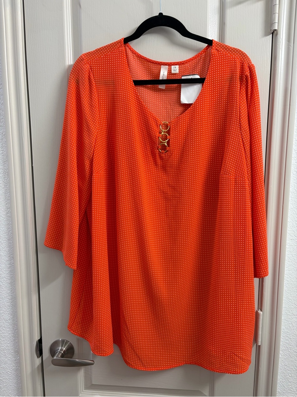 Tacera Orange V-Neck Tunic with Gold Ring Accents
